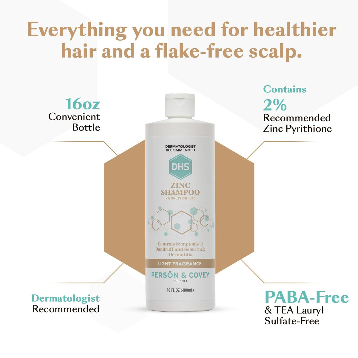 DHS zinc shampoo held in hand for scale showing 16 oz travel-friendly size