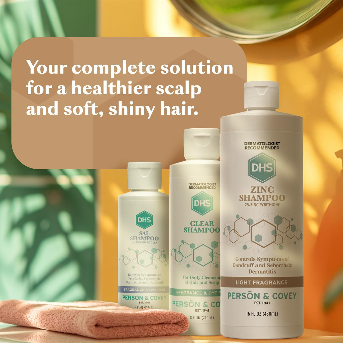 DHS bottle staged in bathroom to suggest routine scalp care benefits