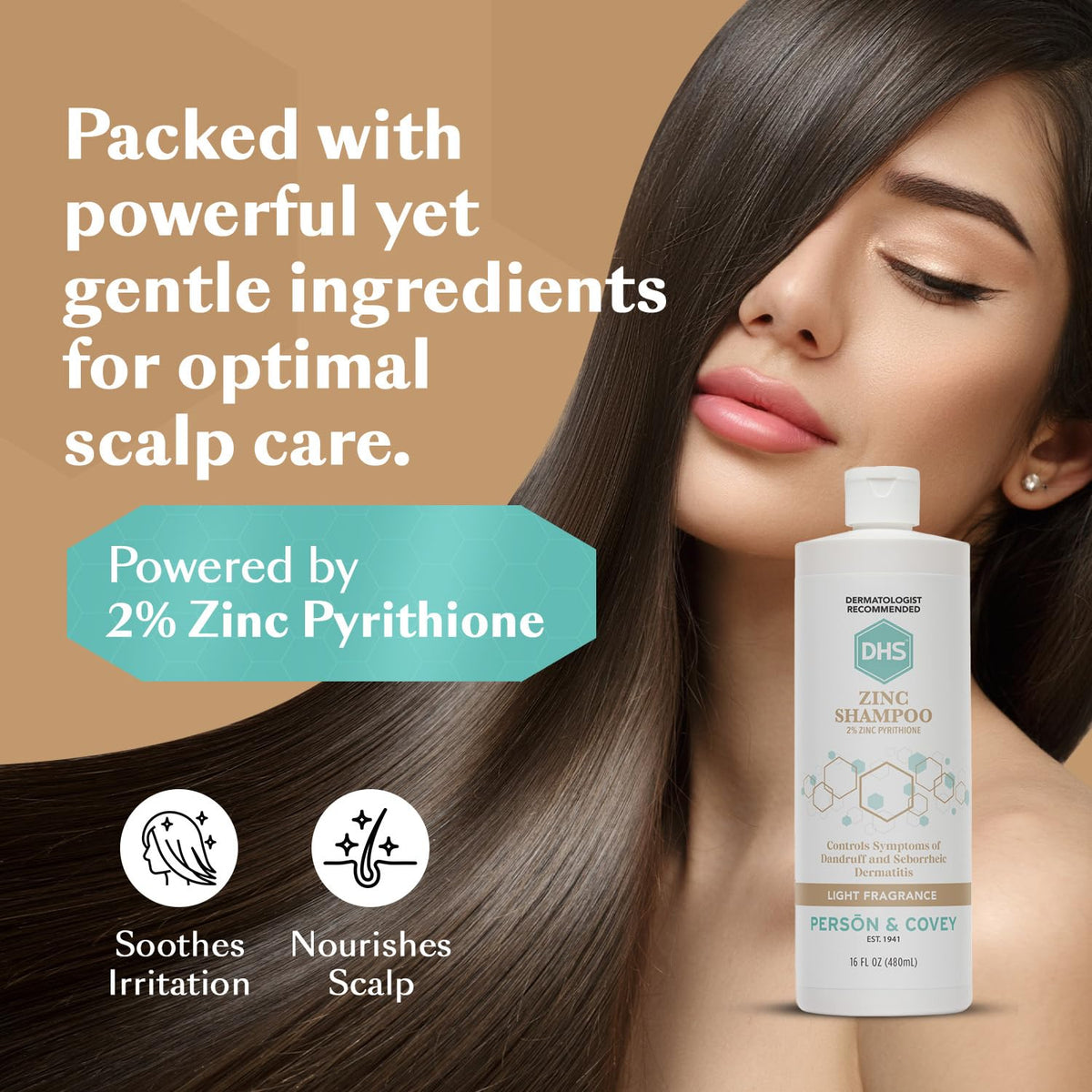 DHS zinc shampoo pouring into palm illustrating easy dispensing and smooth formula