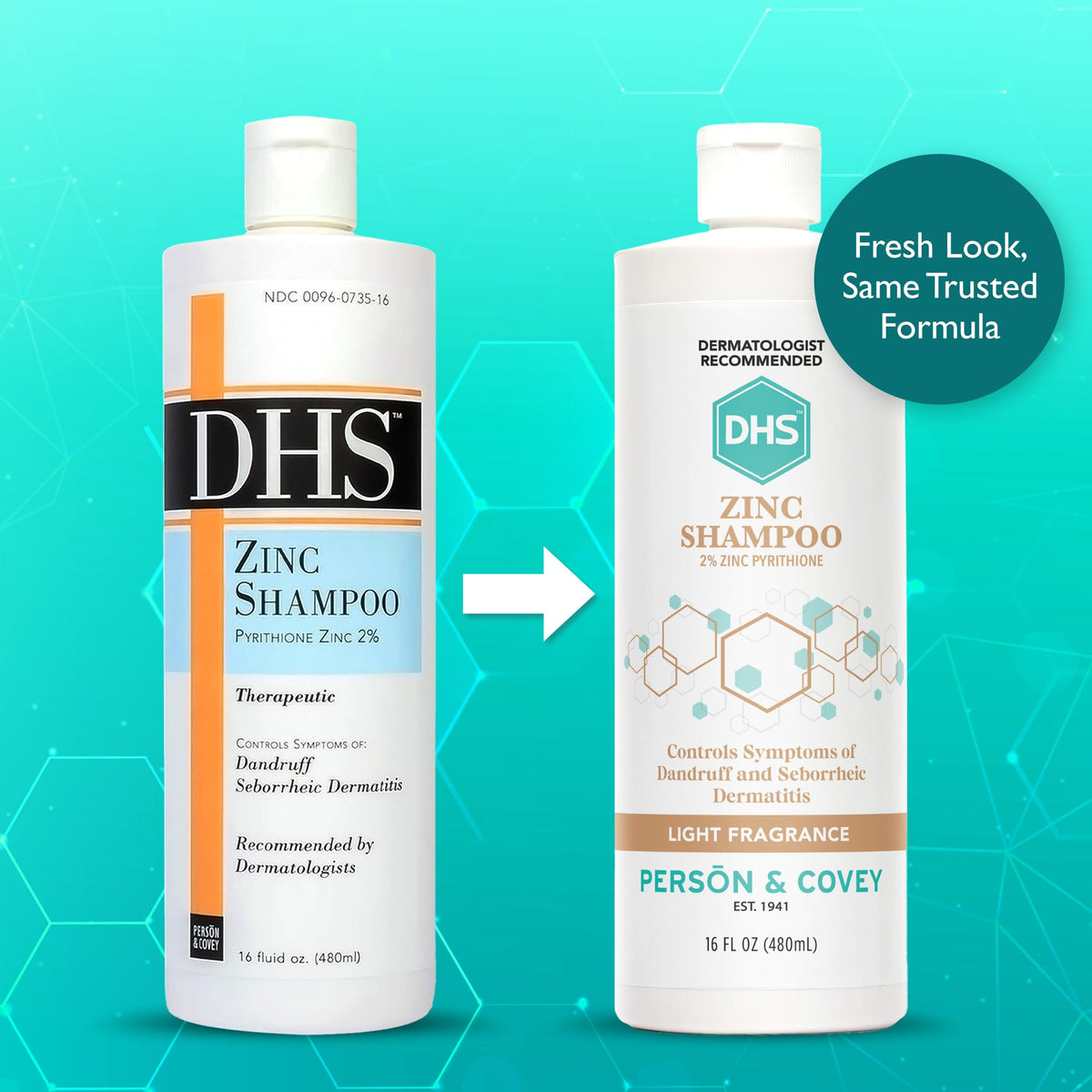 DHS zinc shampoo label close-up highlighting ingredients and clear pump function