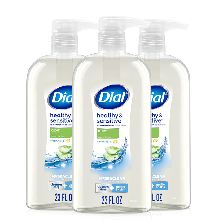 Dial bottle front packaging showing aloe scent and gentle formula benefits
