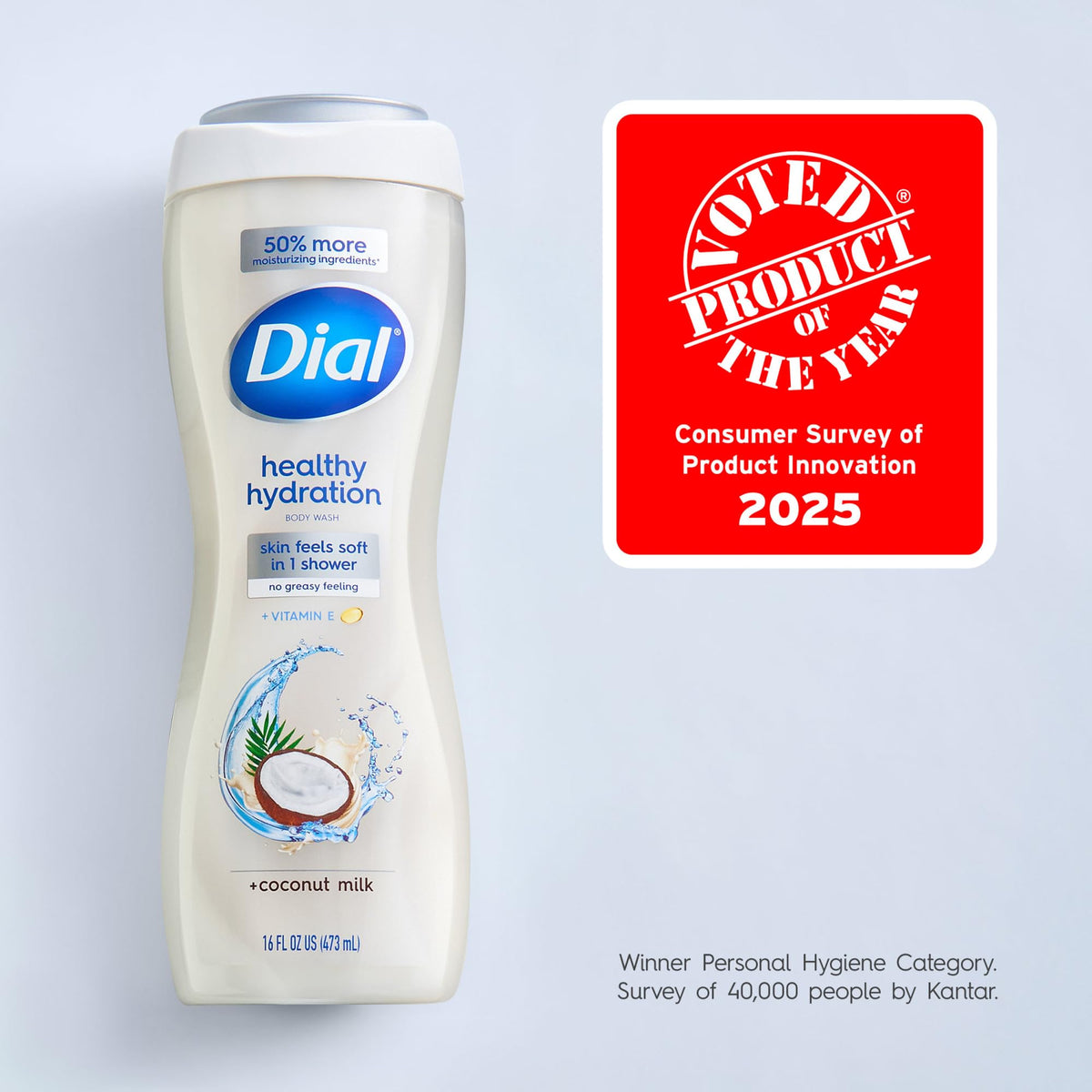 Dial body wash in use under shower showing gentle cleansing action