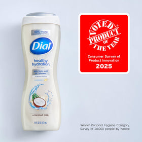 Dial body wash in use under shower showing gentle cleansing action