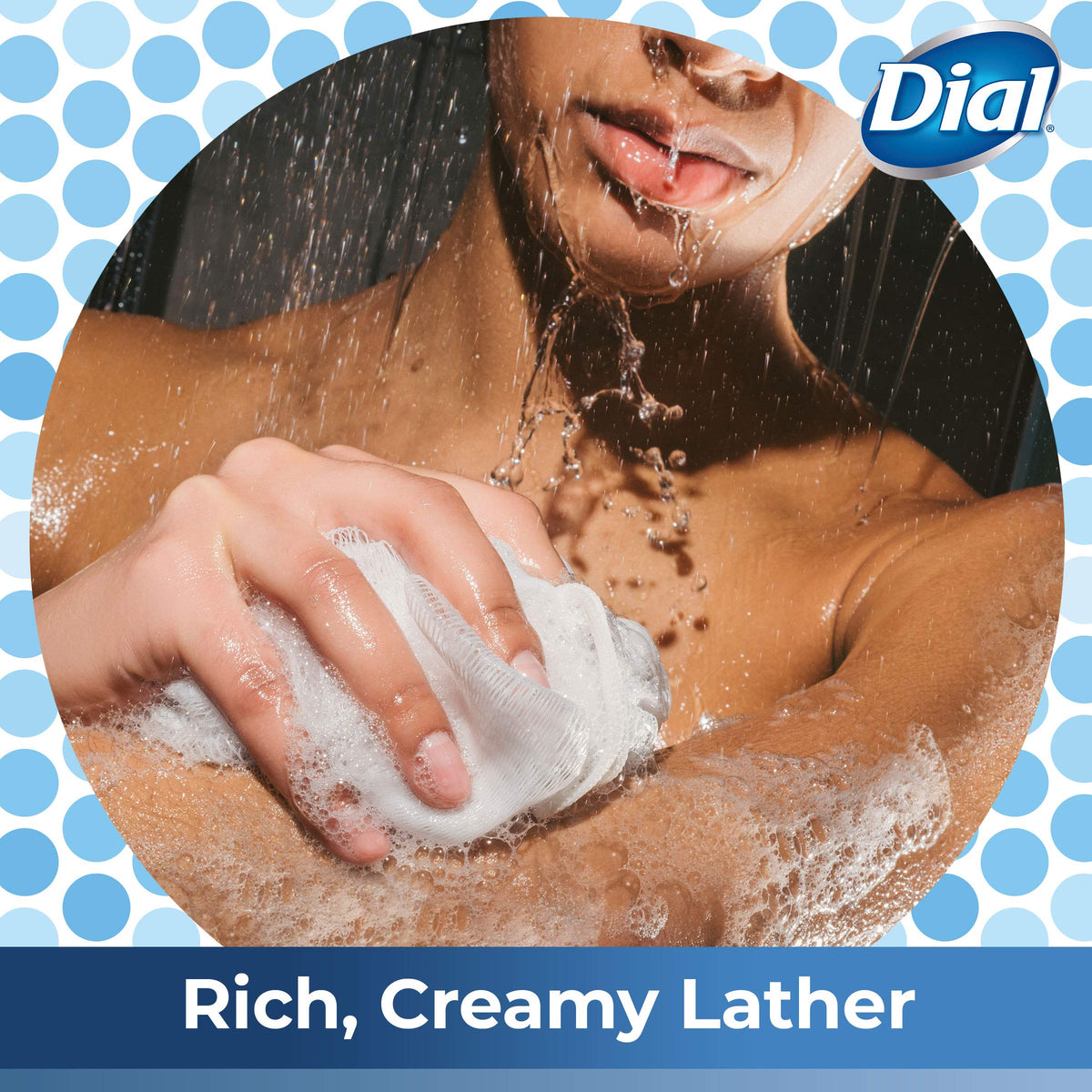 Dial bottle in shower setting promoting refreshed clean feeling