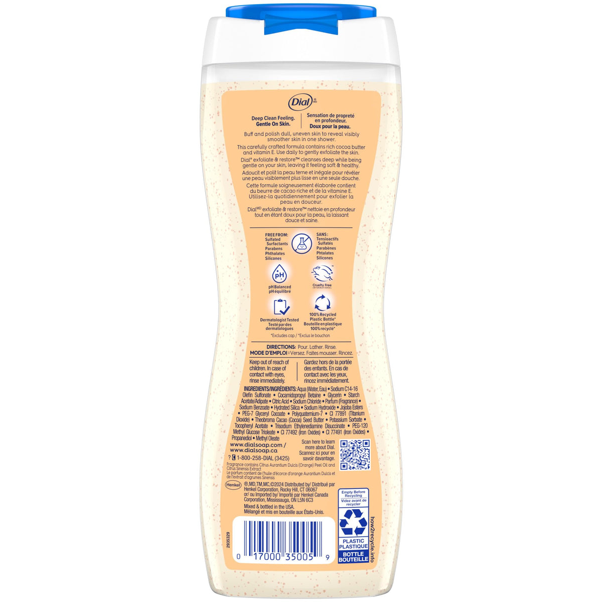 Dial bottle label noting 100% recycled plastic and sustainability benefit