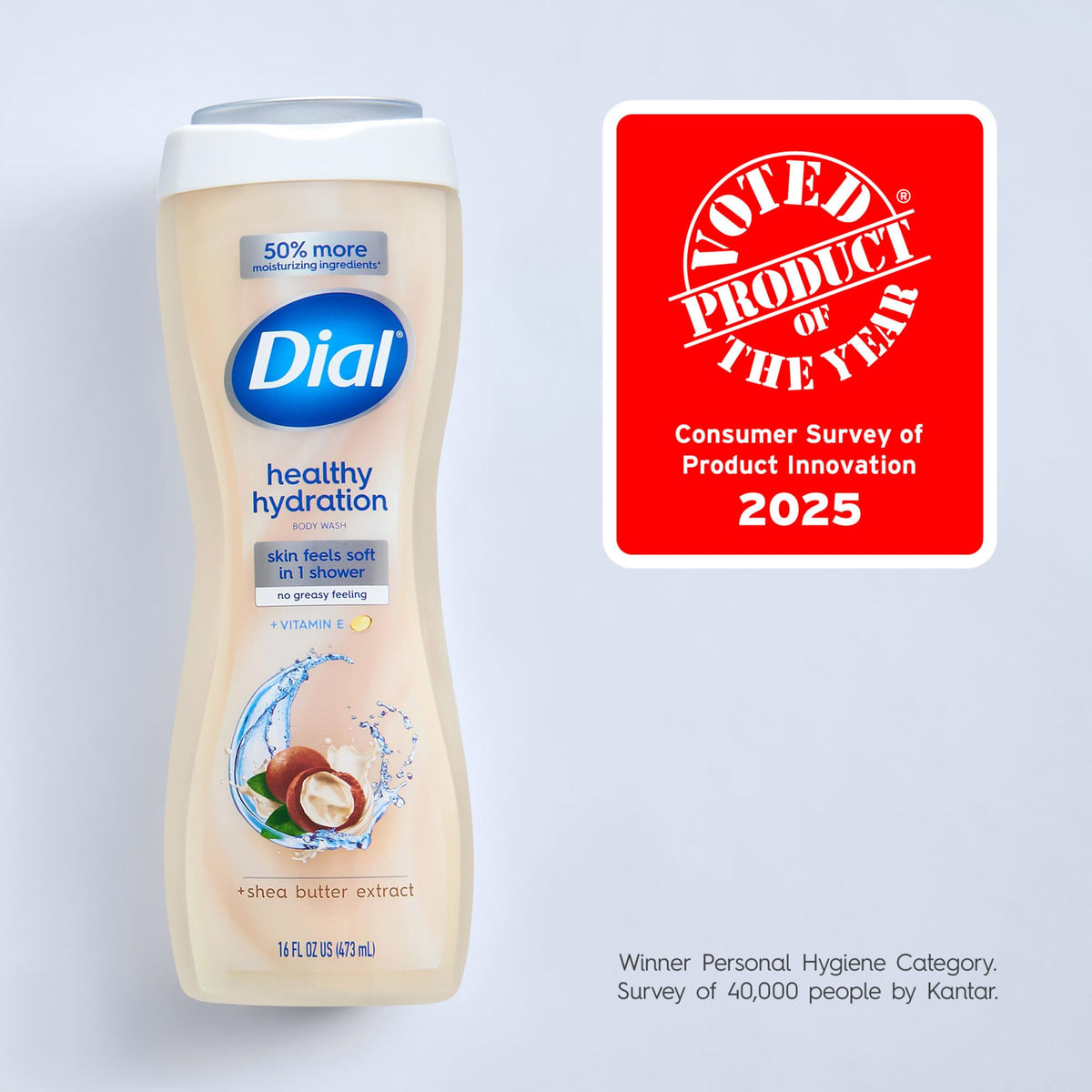 Dial bottle label noting recycled plastic and eco benefit