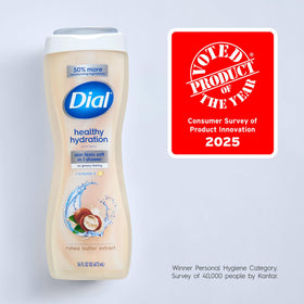 Dial bottle label noting recycled plastic and eco benefit