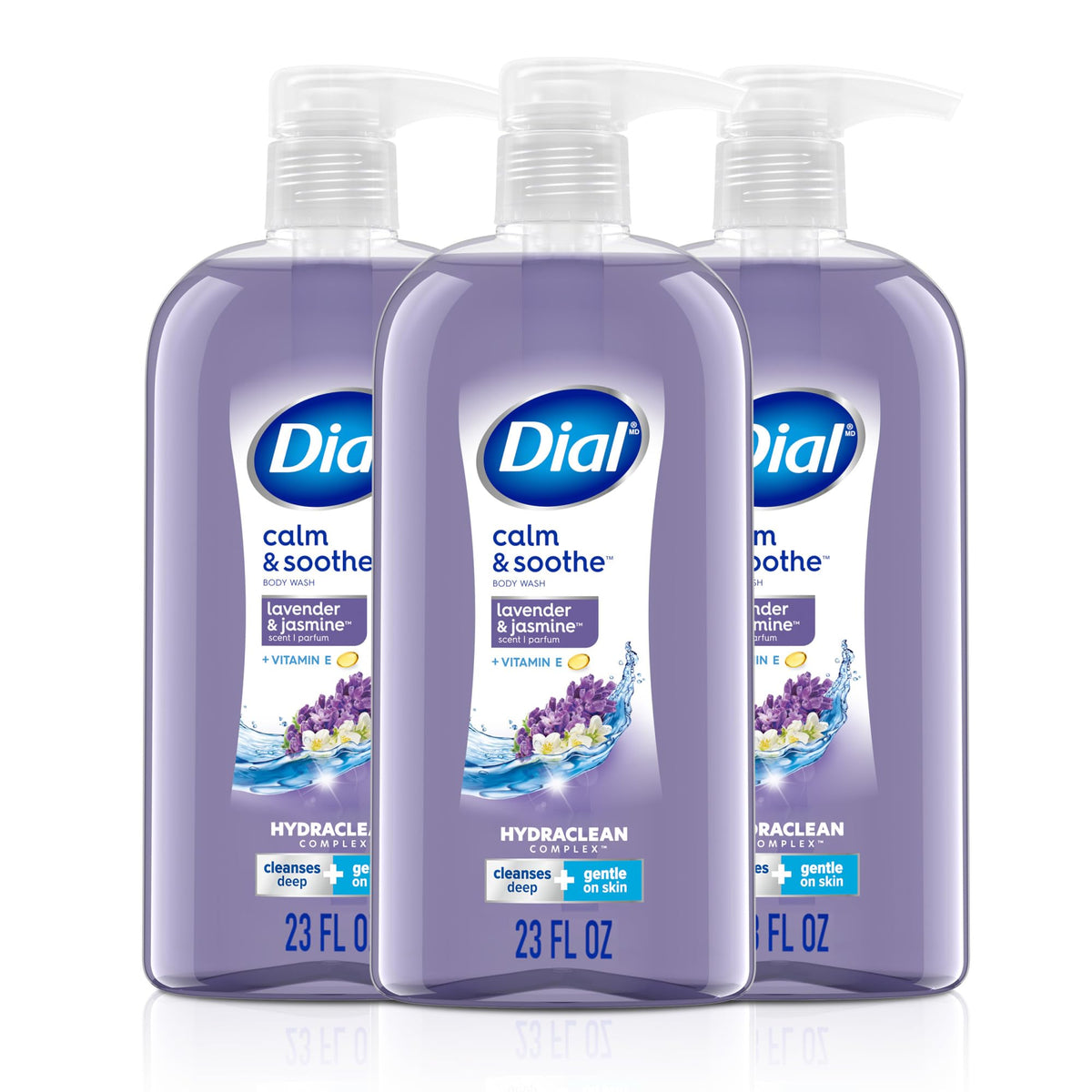 Dial front packaging showing three 23 fl oz bottles and calming scent benefit