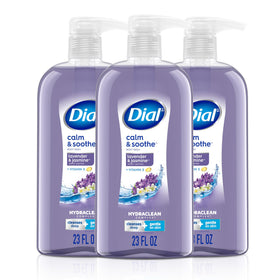 Dial front packaging showing three 23 fl oz bottles and calming scent benefit