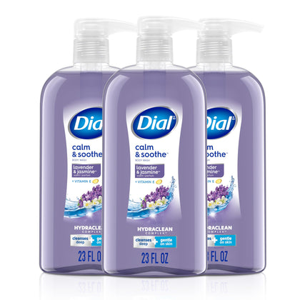 Dial front packaging showing three 23 fl oz bottles and calming scent benefit