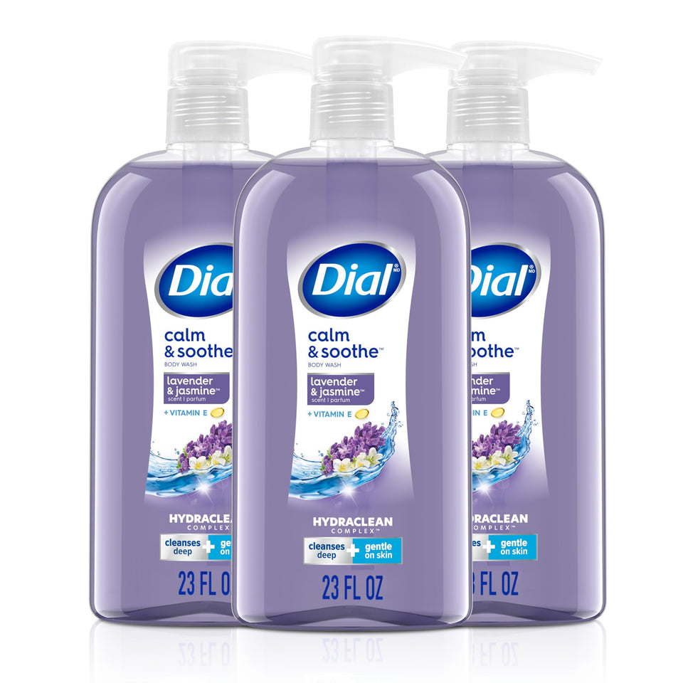 Dial front packaging showing three 23 fl oz bottles and calming scent benefit