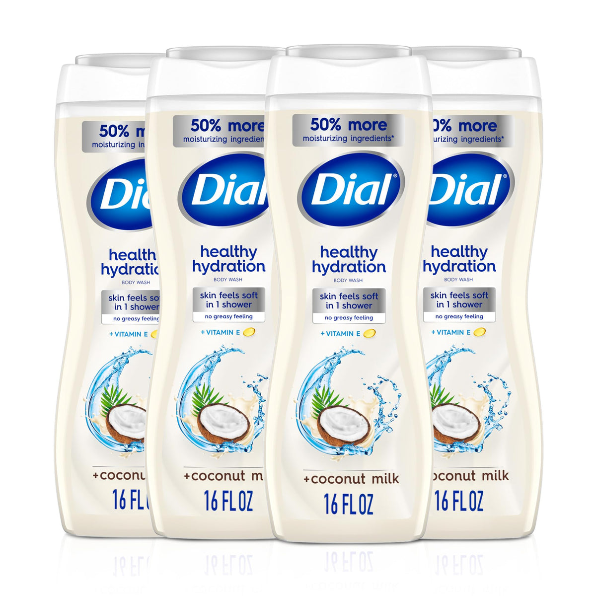 Dial front packaging of coconut milk body wash showing label and scent benefits