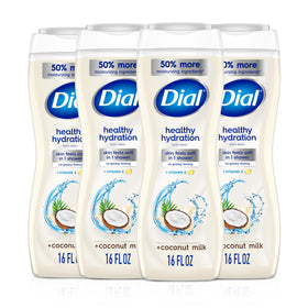 Dial front packaging of coconut milk body wash showing label and scent benefits