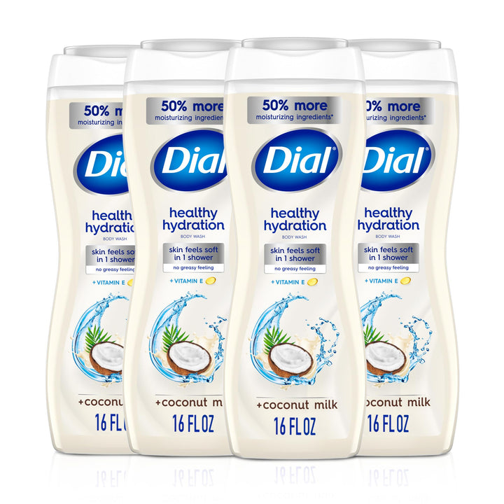 Dial front packaging of coconut milk body wash showing label and scent benefits