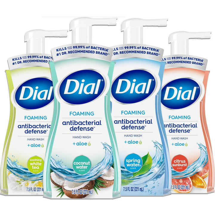 Dial Complete front packaging showing four assorted 7.5 oz bottles and clear labeling for convenience
