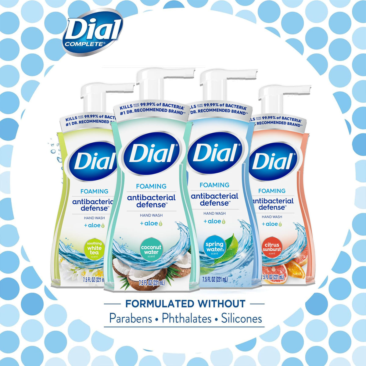Dial Complete four-pack on bathroom sink illustrating variety of scents and tidy countertop benefit