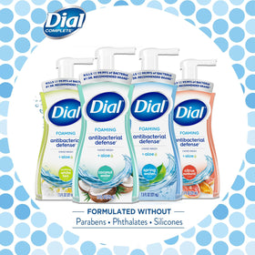 Dial Complete four-pack on bathroom sink illustrating variety of scents and tidy countertop benefit