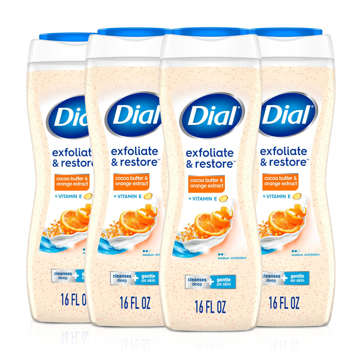 Dial front packaging showing exfoliate & restore benefits and scent