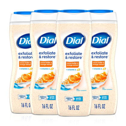 Dial front packaging showing exfoliate & restore benefits and scent