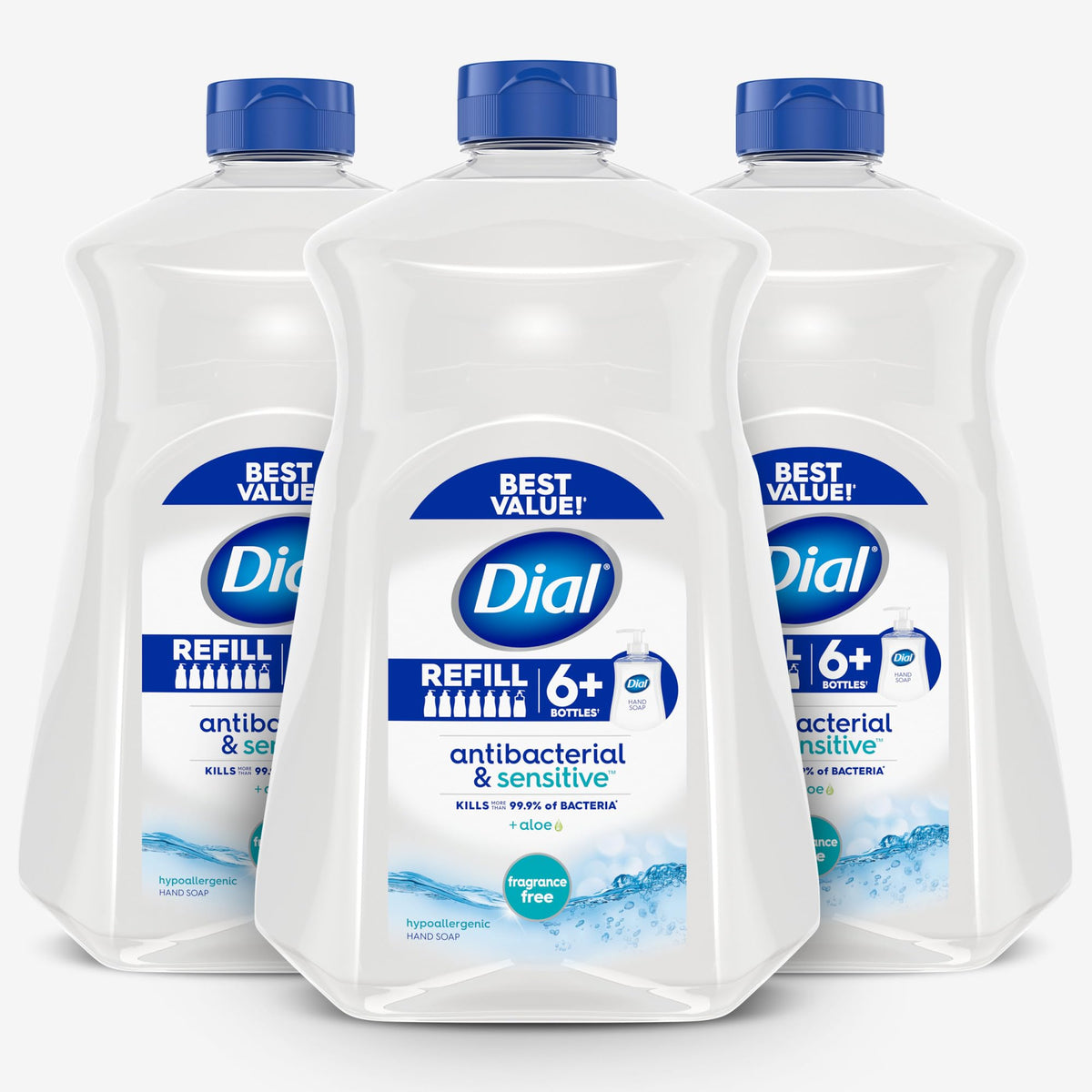 Dial front packaging refill shows clean label and volume benefit