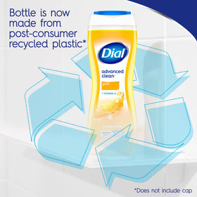 Dial bottle label showing recycled plastic icon and ingredient claims
