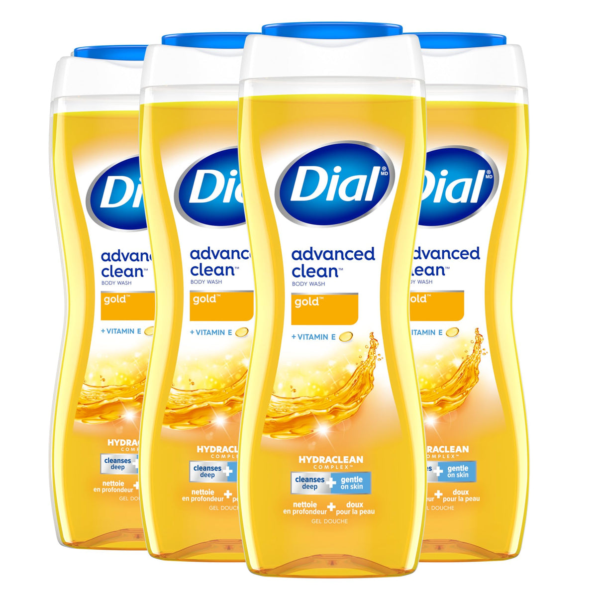 Dial front packaging showing Gold body wash and clear product benefit