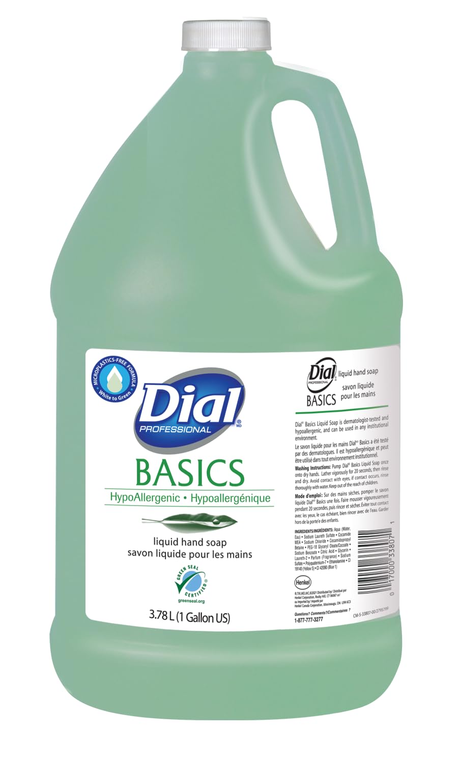 Dial professional basics front label showing honeysuckle scent and gallon size, easy identification benefit