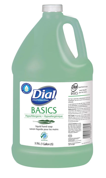 Dial professional basics front label showing honeysuckle scent and gallon size, easy identification benefit