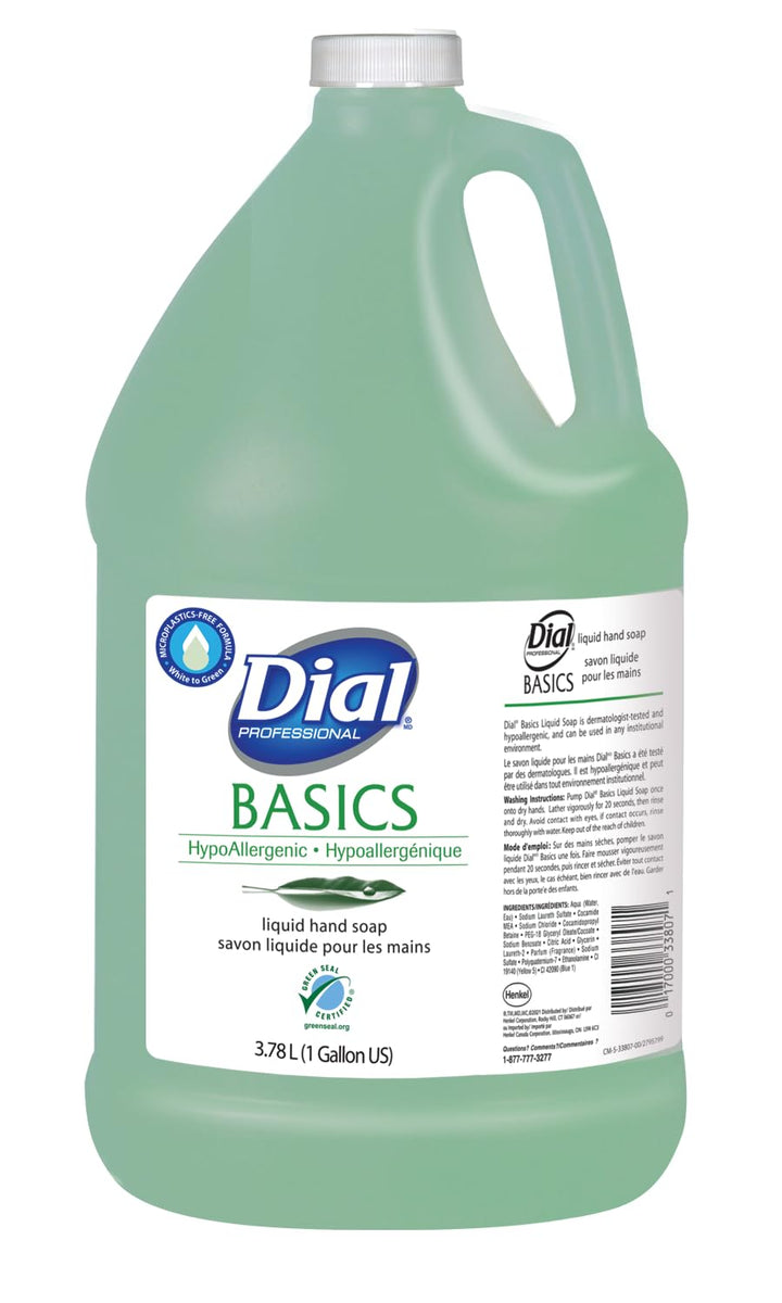 Dial professional basics front label showing honeysuckle scent and gallon size, easy identification benefit