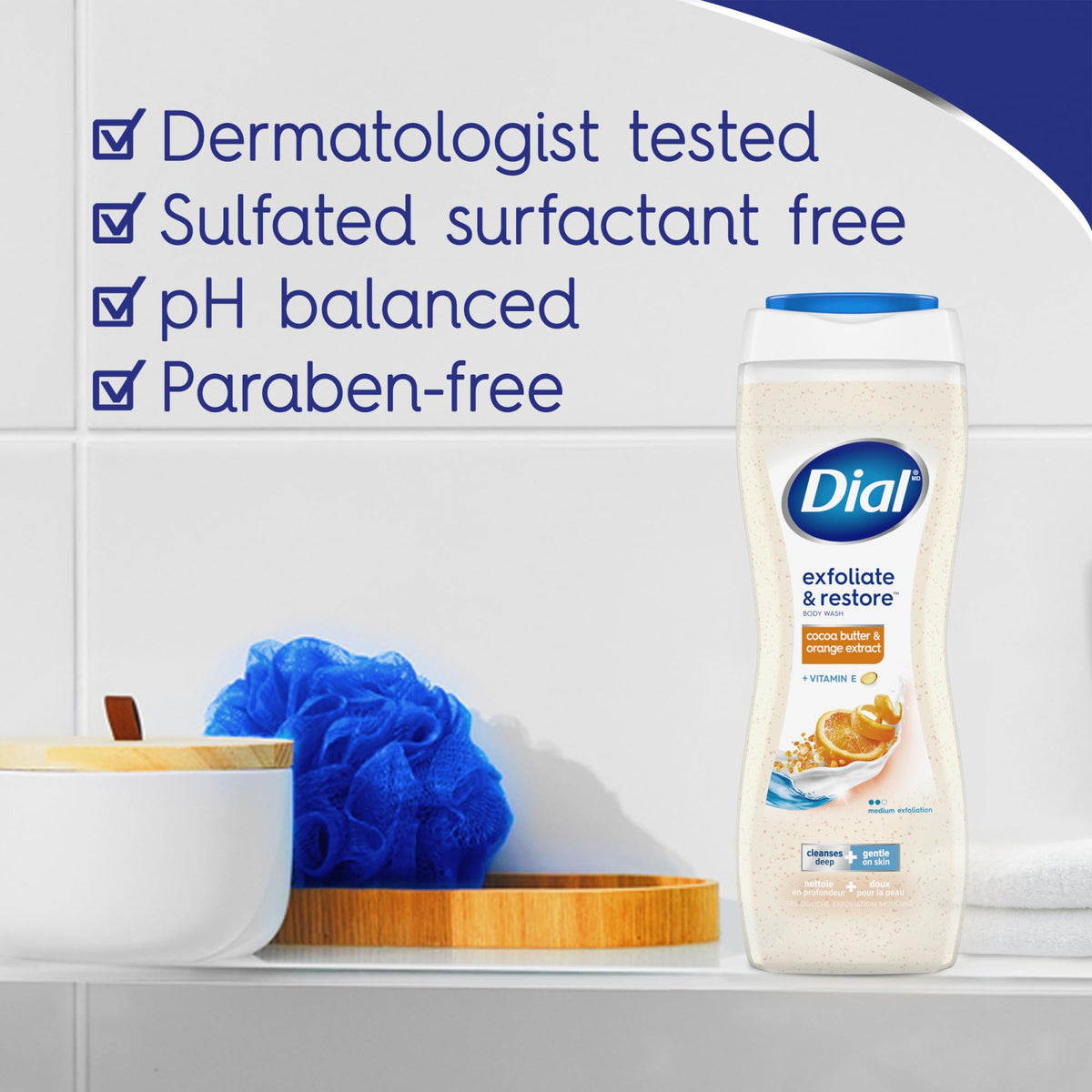 Dial body wash in use on wet skin illustrating effective cleansing