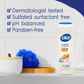 Dial body wash in use on wet skin illustrating effective cleansing