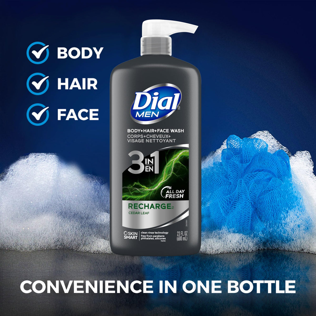 Dial men bottle size comparison showing three 23 fl oz bottles for value