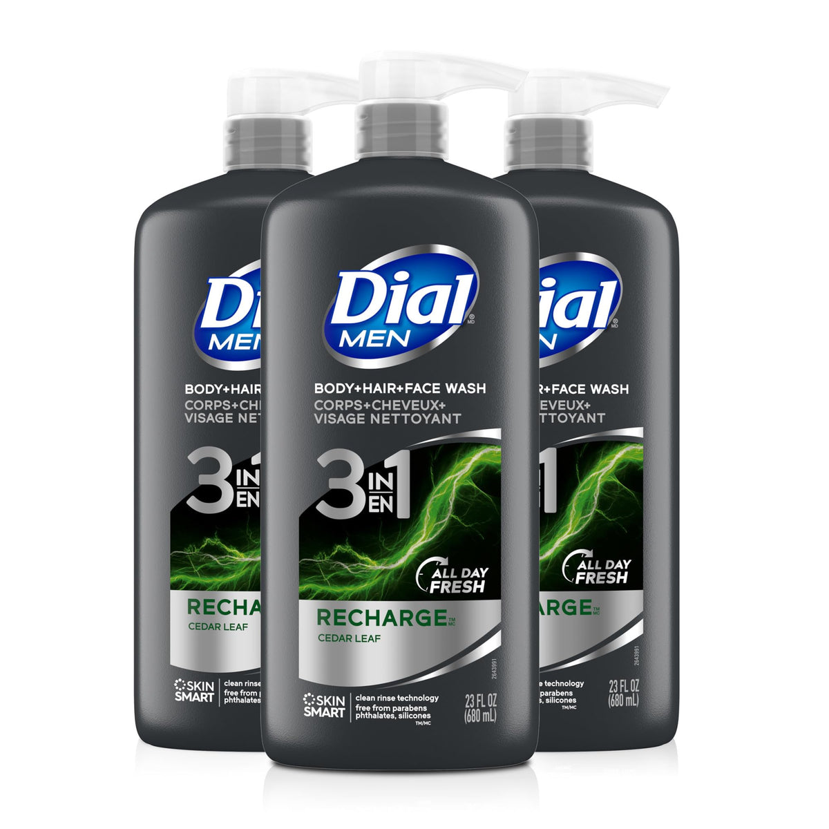 Dial men front packaging showing three bottles and aloe scent benefit
