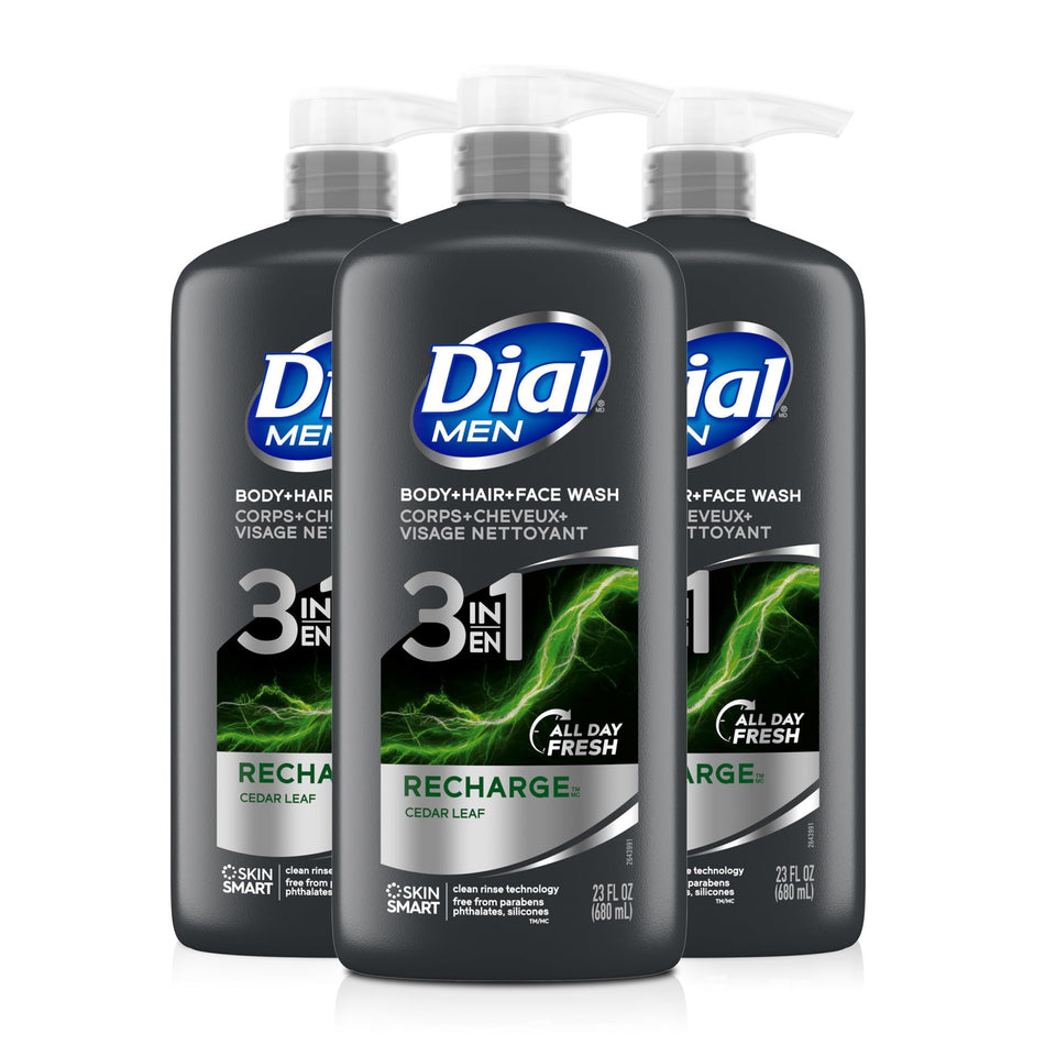 Dial men front packaging showing three bottles and aloe scent benefit