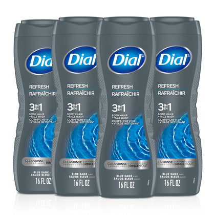 Dial bottle front packaging showing blue sage scent and 3-in-1 benefits