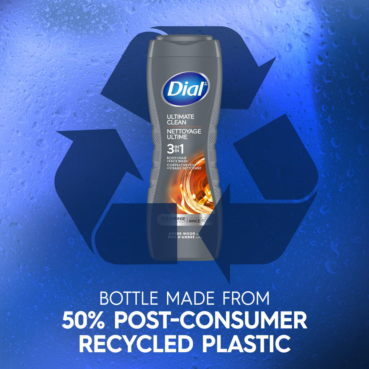 Dial recycled bottle badge highlighting 50% post-consumer plastic