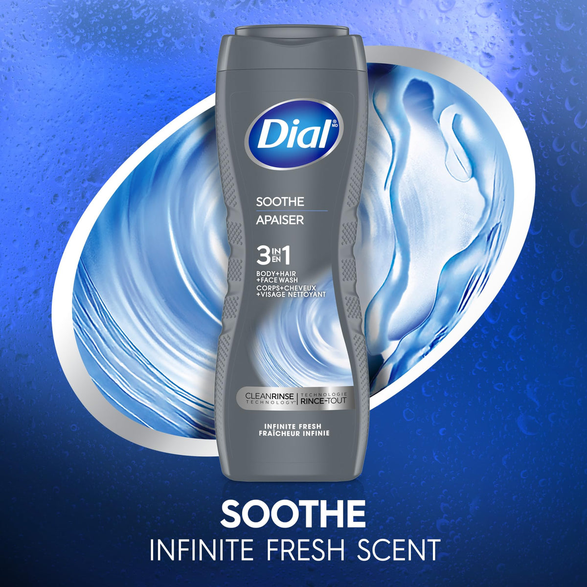 Dial men size comparison next to shampoo demonstrating compact travel-friendly bottle