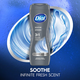 Dial men size comparison next to shampoo demonstrating compact travel-friendly bottle