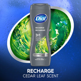 Dial Men bottle label noting 50% recycled plastic and eco benefit