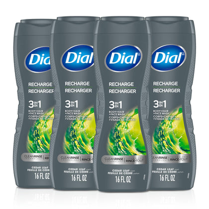 Dial Men front packaging showing cedar leaf scent and 3-in-1 benefit