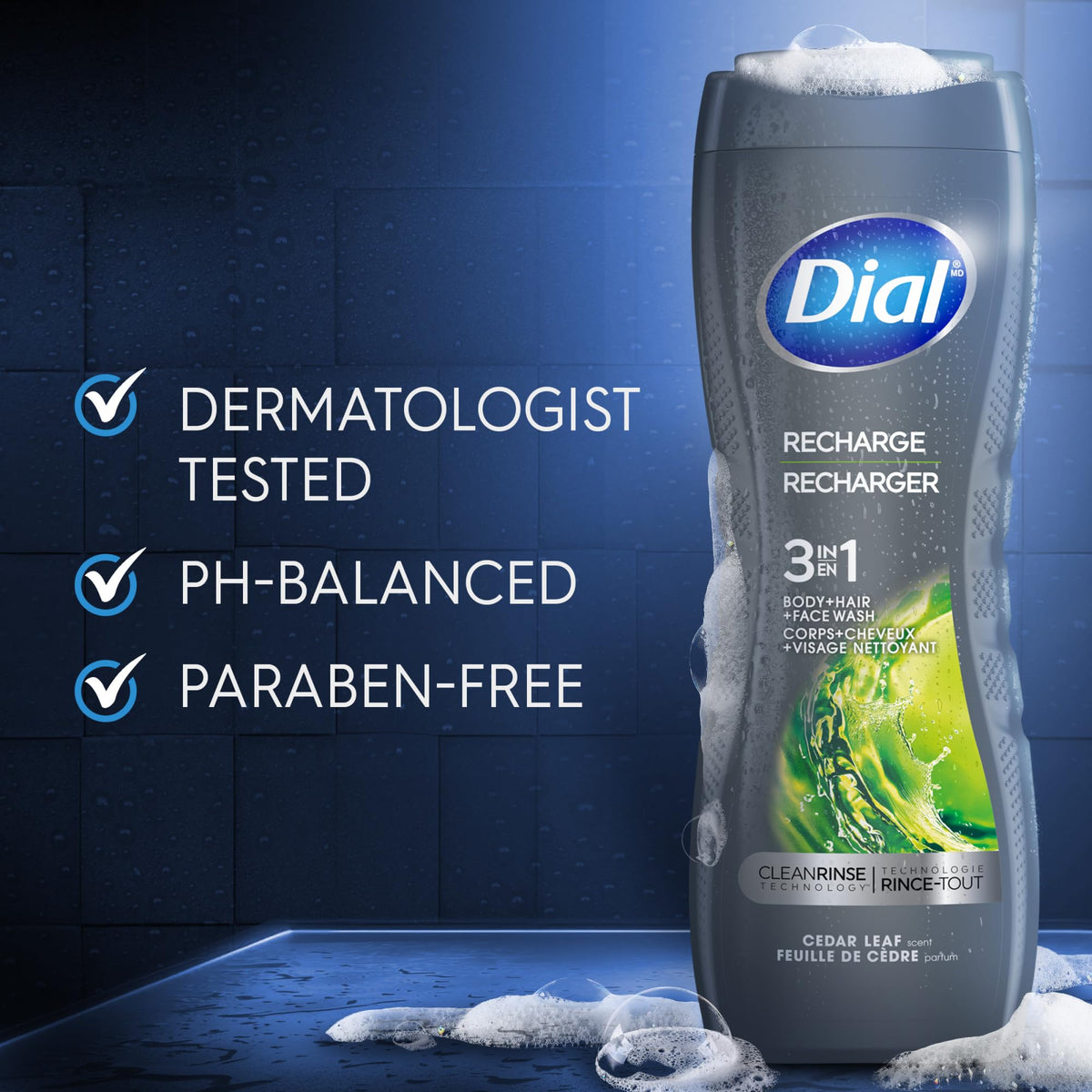 Man using Dial Men in shower for hair, face and body convenience