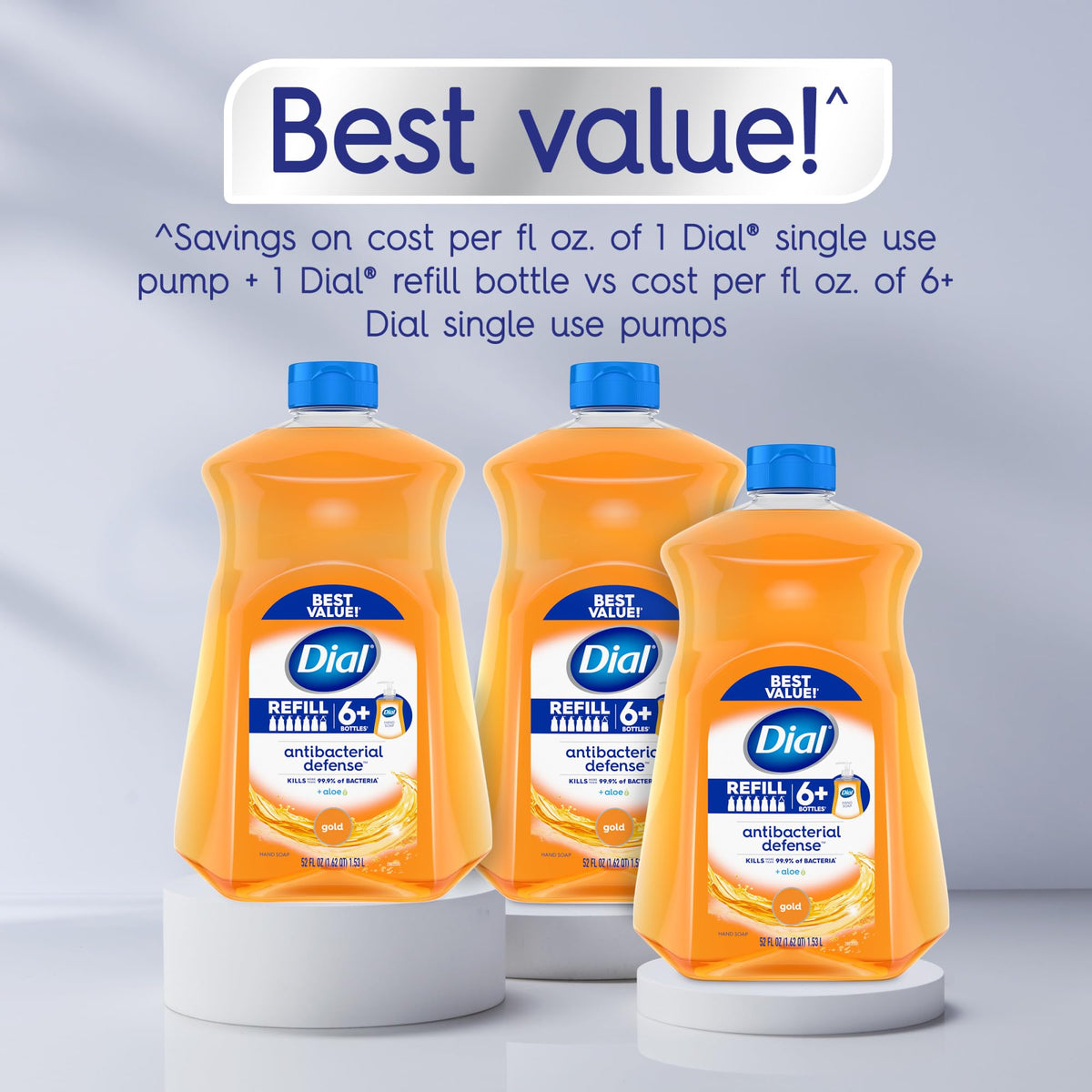 Dial pump bottle refill setup illustrating fast restocking of dispensers