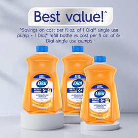 Dial pump bottle refill setup illustrating fast restocking of dispensers