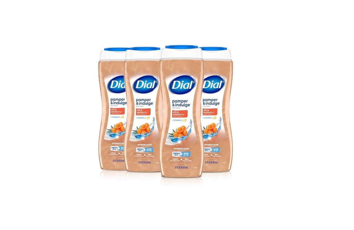 Dial front packaging showing bottle and scent, highlights gentle cleansing