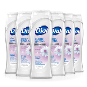 Dial front packaging showing six 16 fl oz bottles and brand benefit