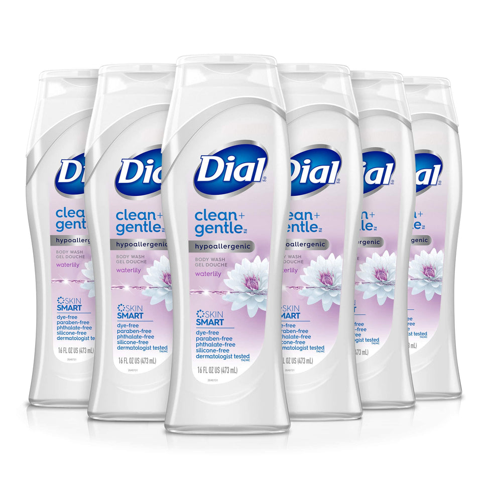 Dial front packaging showing six 16 fl oz bottles and brand benefit