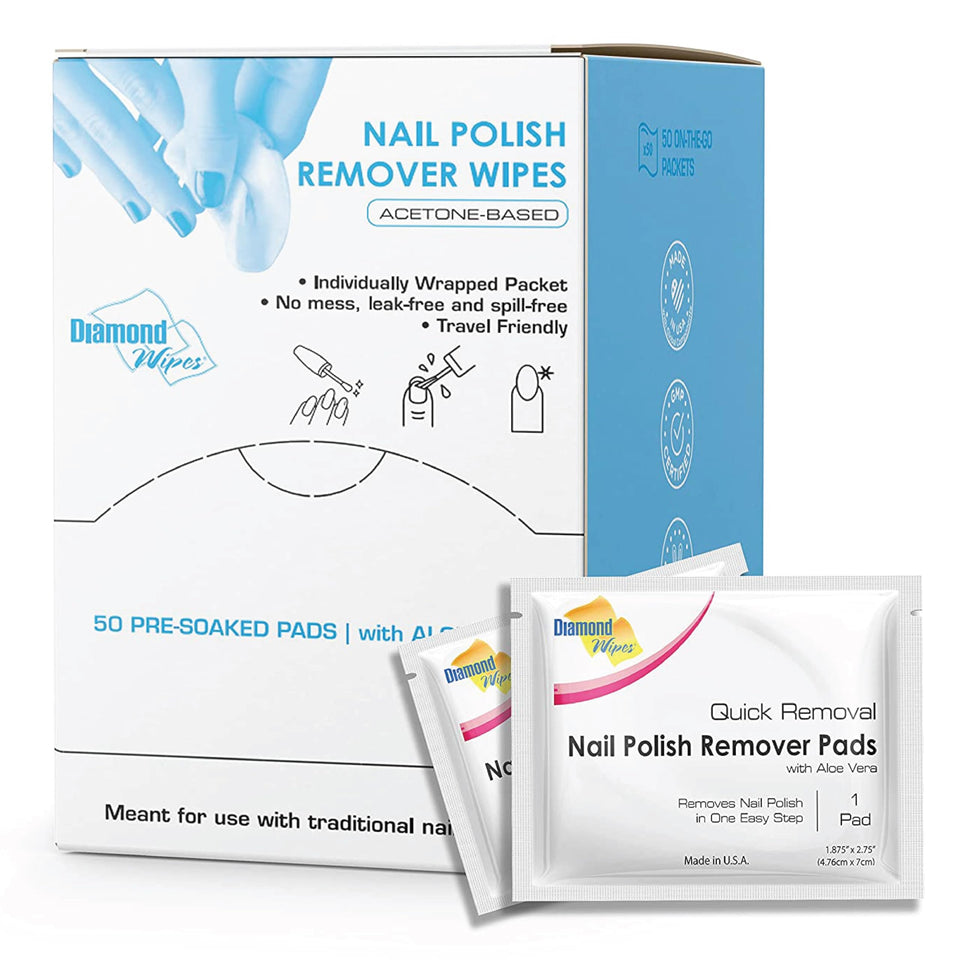 Diamond Wipes front packaging showing 50 individually wrapped pads and branding benefit
