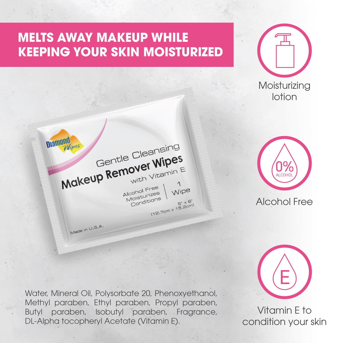 Diamond Wipes individually wrapped pouch highlighting travel-friendly sealed convenience