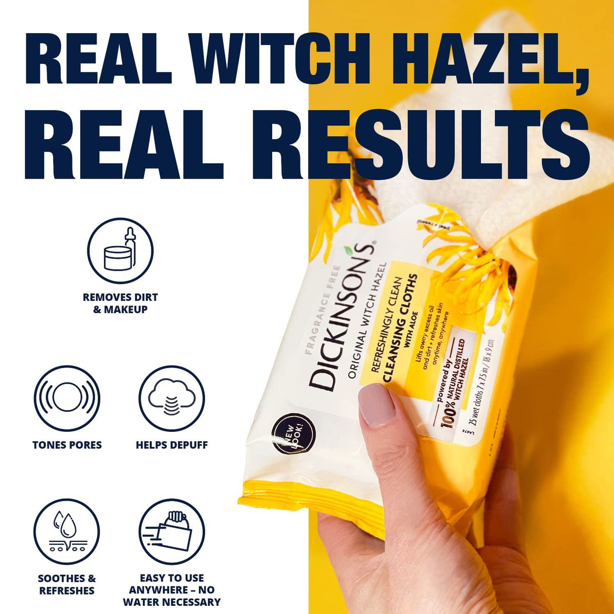 Dickinson's witch hazel bottle beside wipes highlighting natural extract