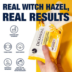 Dickinson's witch hazel bottle beside wipes highlighting natural extract